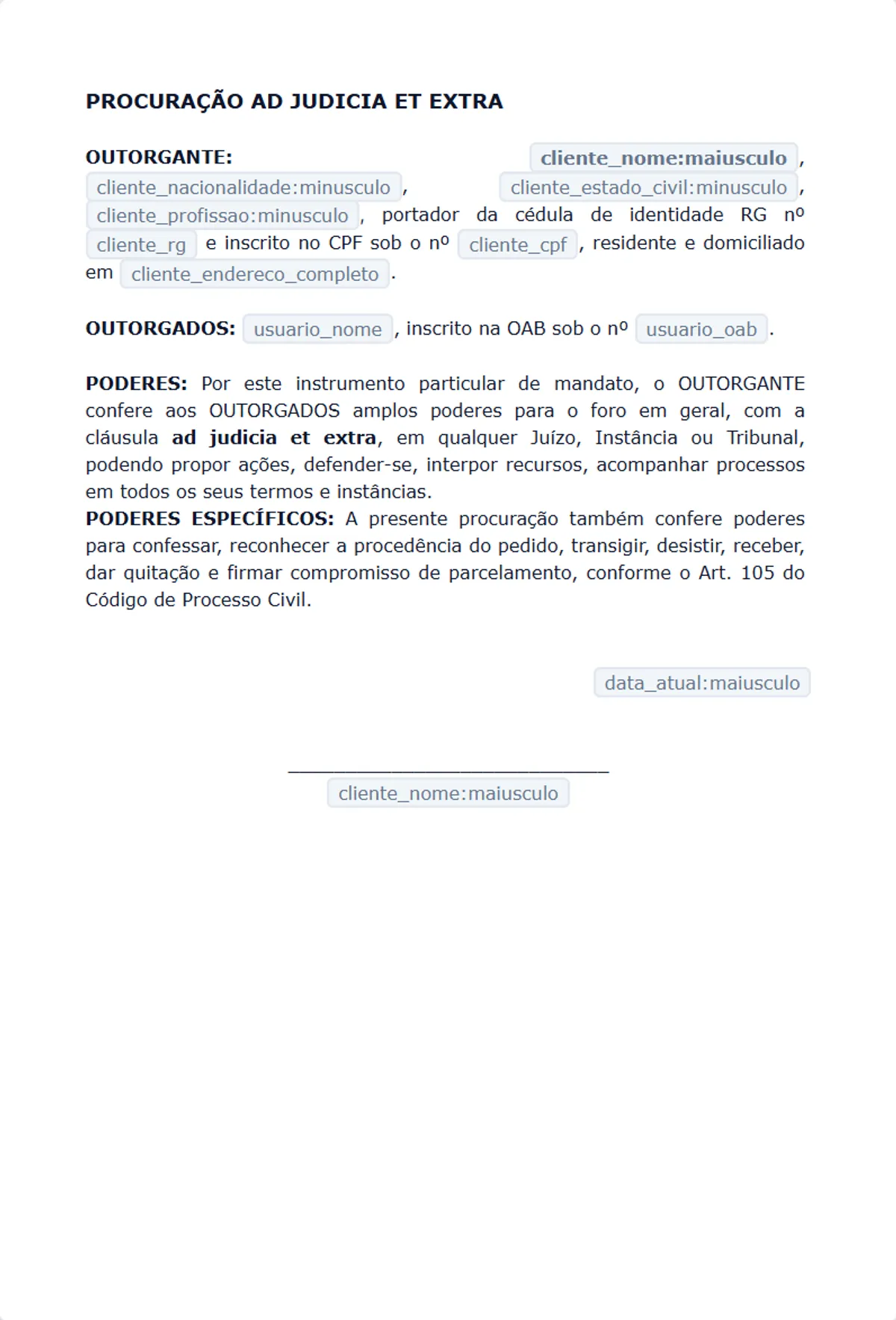 Minuta com variáveis